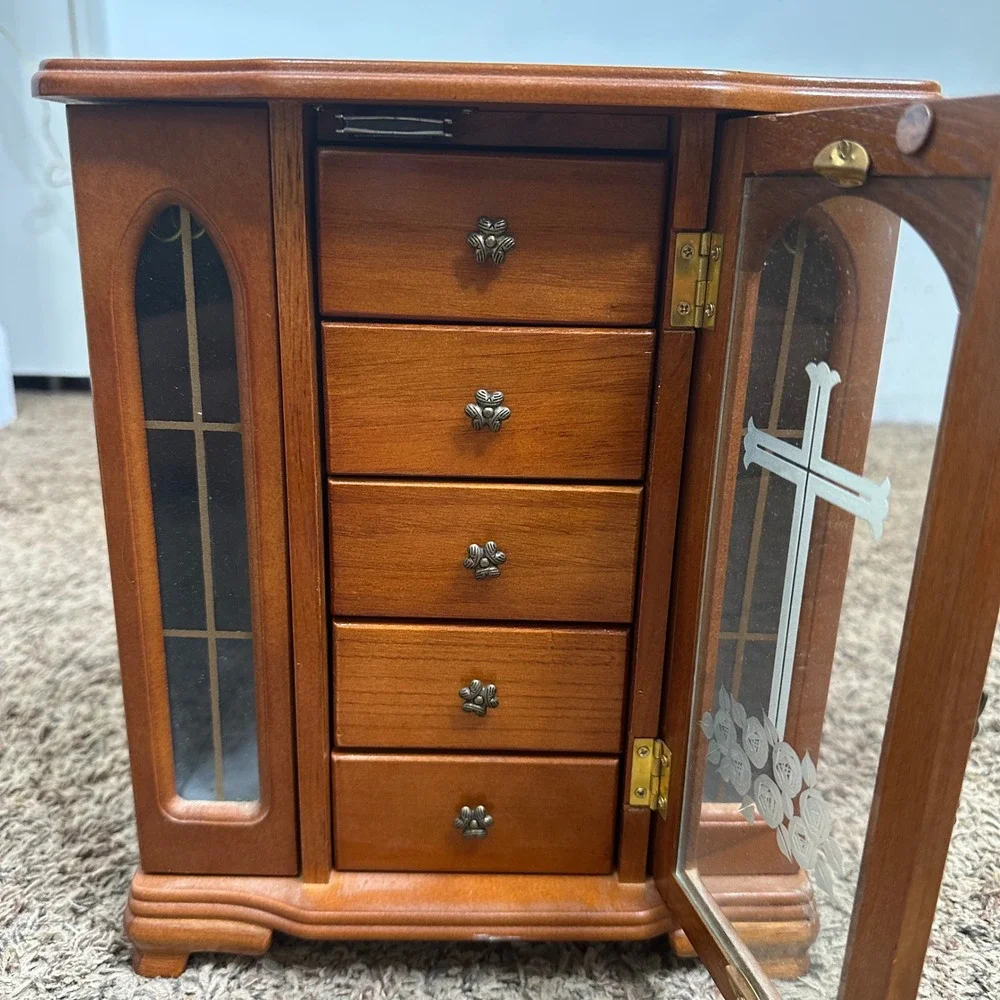 Vintage Wooden Jewelry Armoire Chest Cross Etched Glass 5 Drawers Brown READ